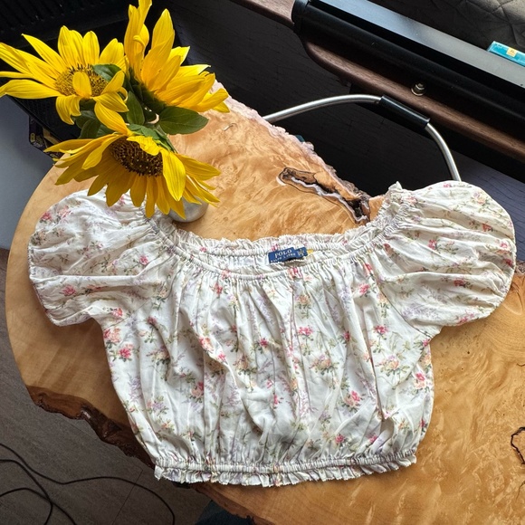 Romantic Ralph Lauren Polo Blouse | Flower Blouse | Crop Top | Off the Shoulder - Picture 1 of 6